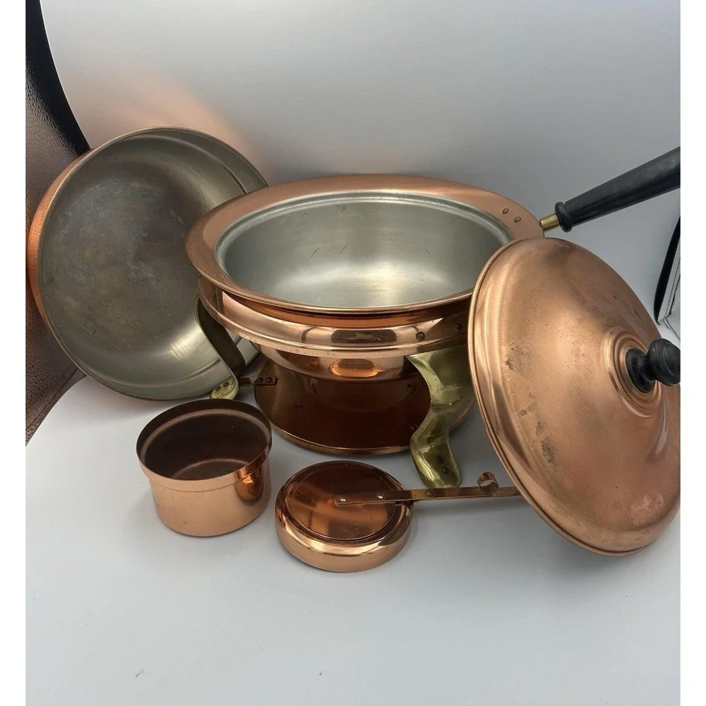 VTG Copper & Brass Patina Classic Chafing Dish Double Pan‎ Food Warmer Stand